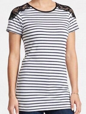French Striped Blue White Black Lace Nautical Top
